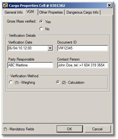 VGM Verified Gross Mass tab in SimpleStow