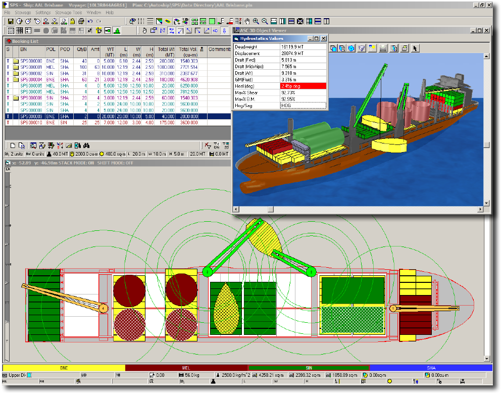 Main window of stowage planning program SPS for heavy lift ships