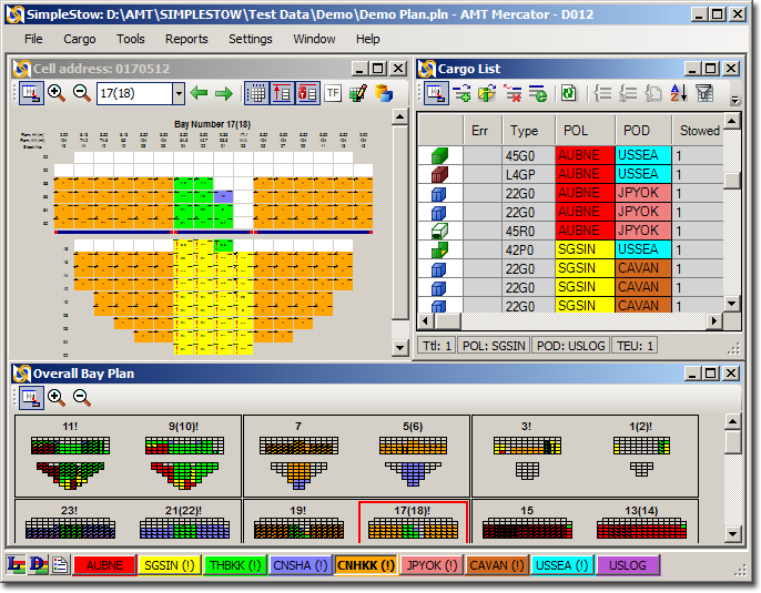 Container stowage planning program user interface main screen