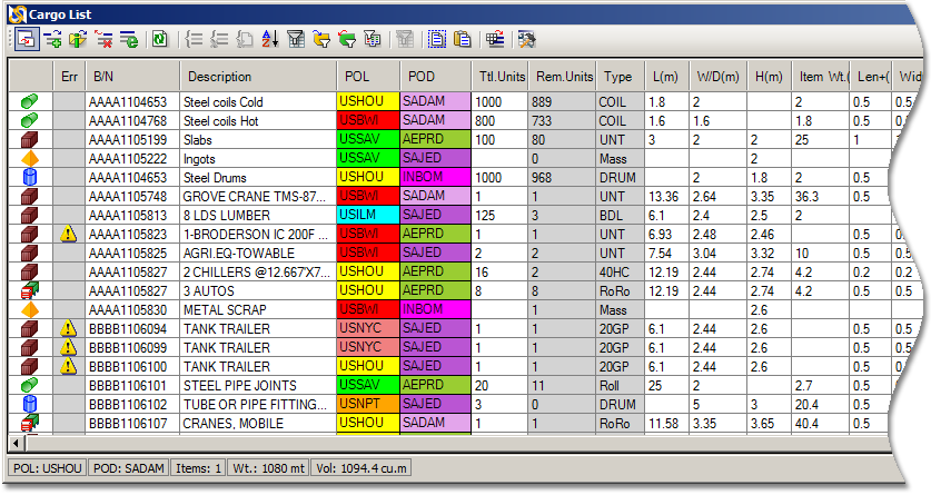 Image of Cargo List window in SimpleStow GC